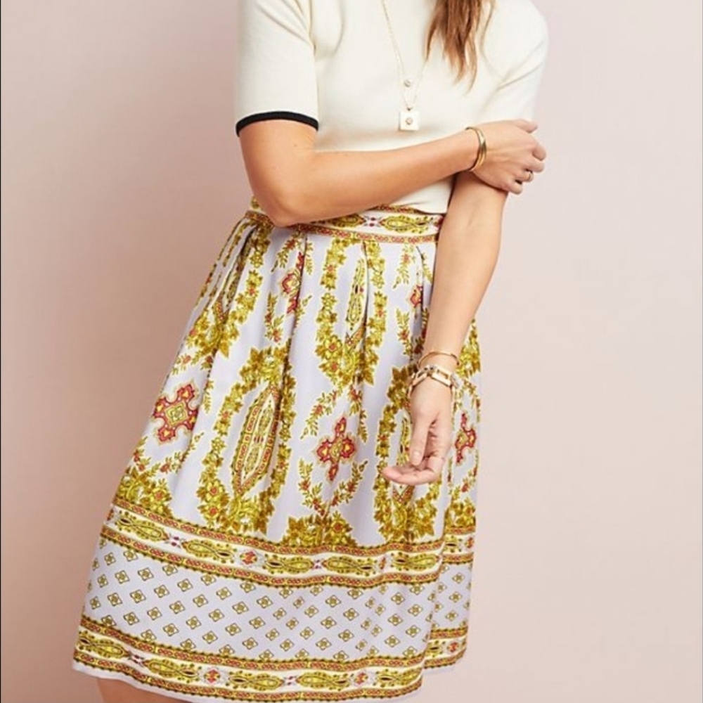 Anthropologie Echarpe Printed Pleated Lined Lavender A-Line Skirt Size 10
